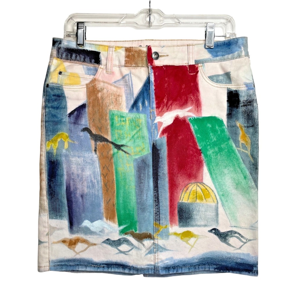 Anthropologie Hives Hand Painted Denim Mini Skirt 26 Small NWT‎ Artist Original
